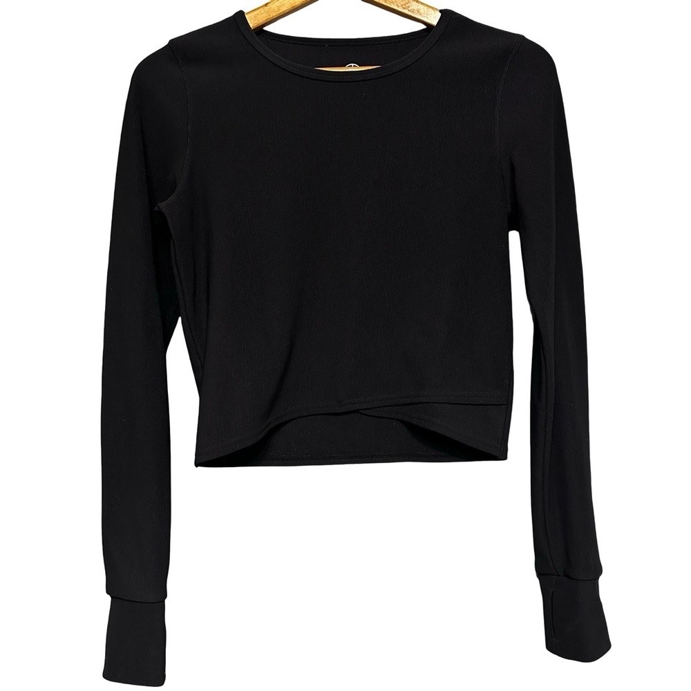 Move Theology Black Ribbed Cropped Long Sleeve Workout Top Size Large Thumbholes